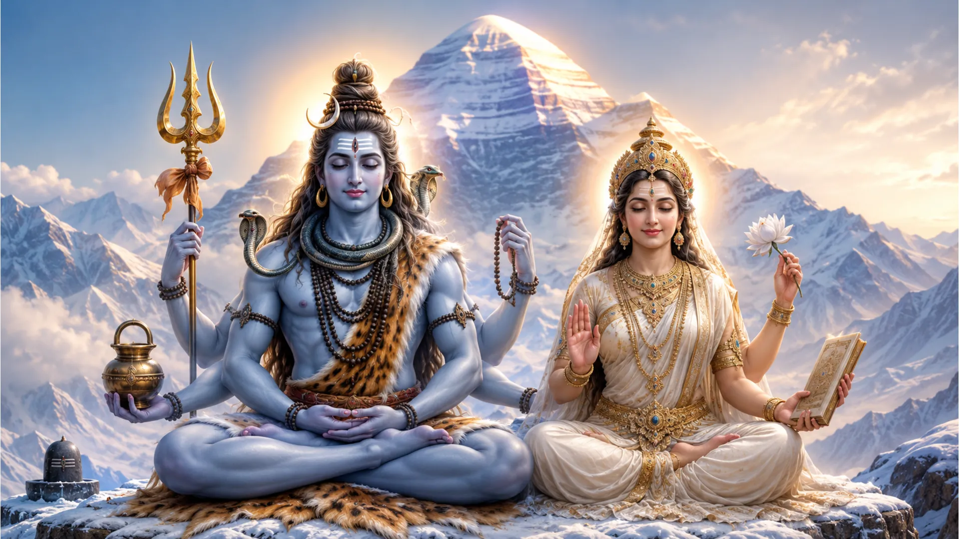 Vibrant artwork depicting multi-armed Lord Shiva and Goddess Parvati seated on a golden throne in a celestial palace.
