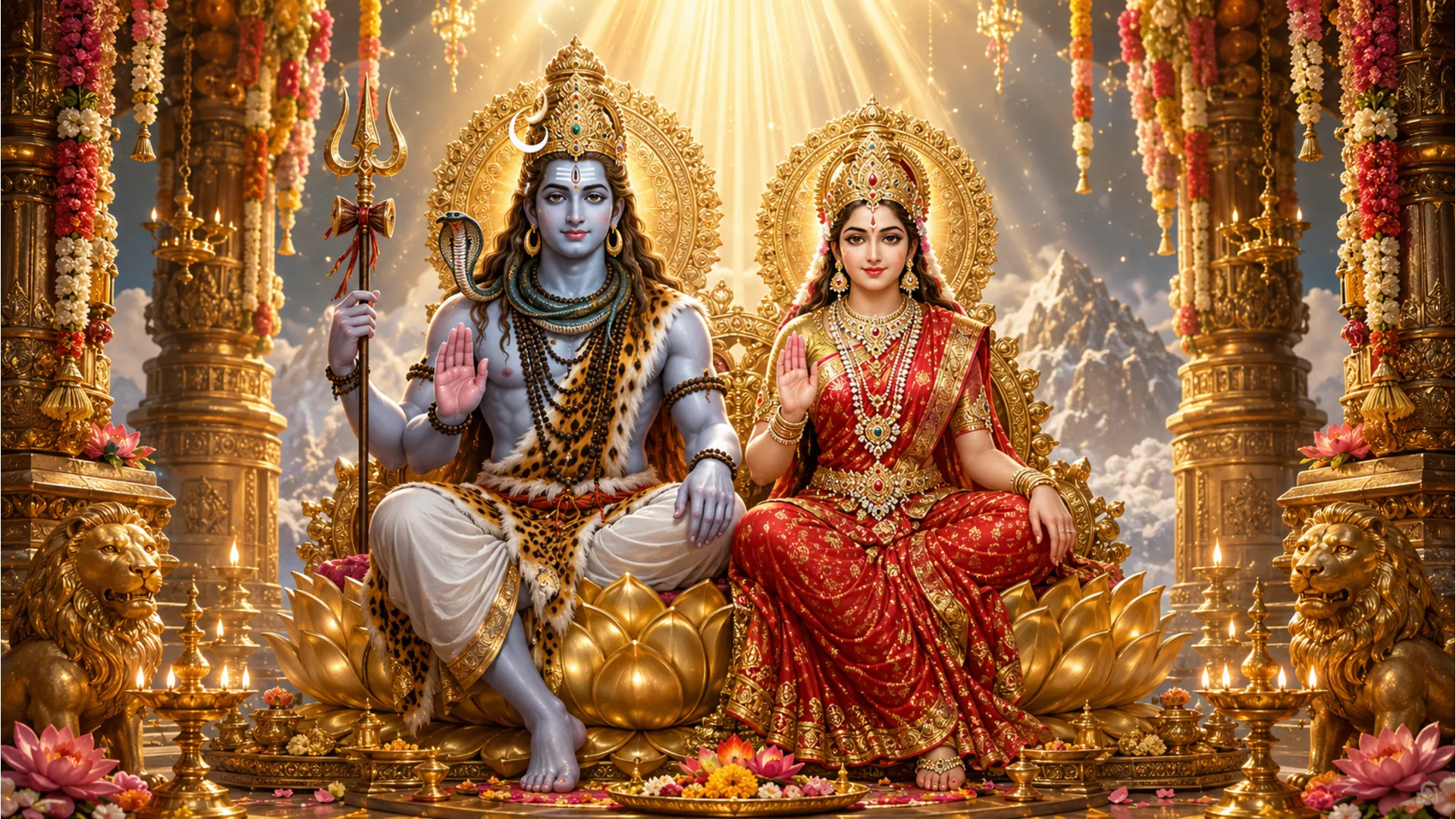 A royal court setting with Lord Shiva and Goddess Parvati seated on golden lotus thrones with attendants.