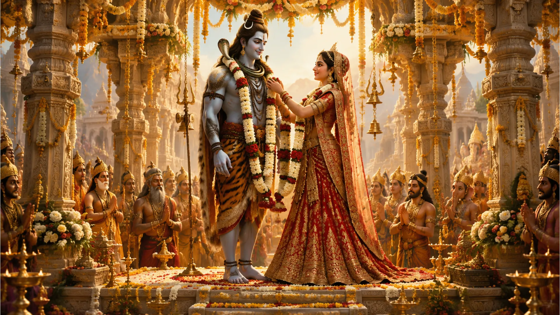 Royal palace setting for the Varmala ceremony of Lord Shiva and Parvati.
