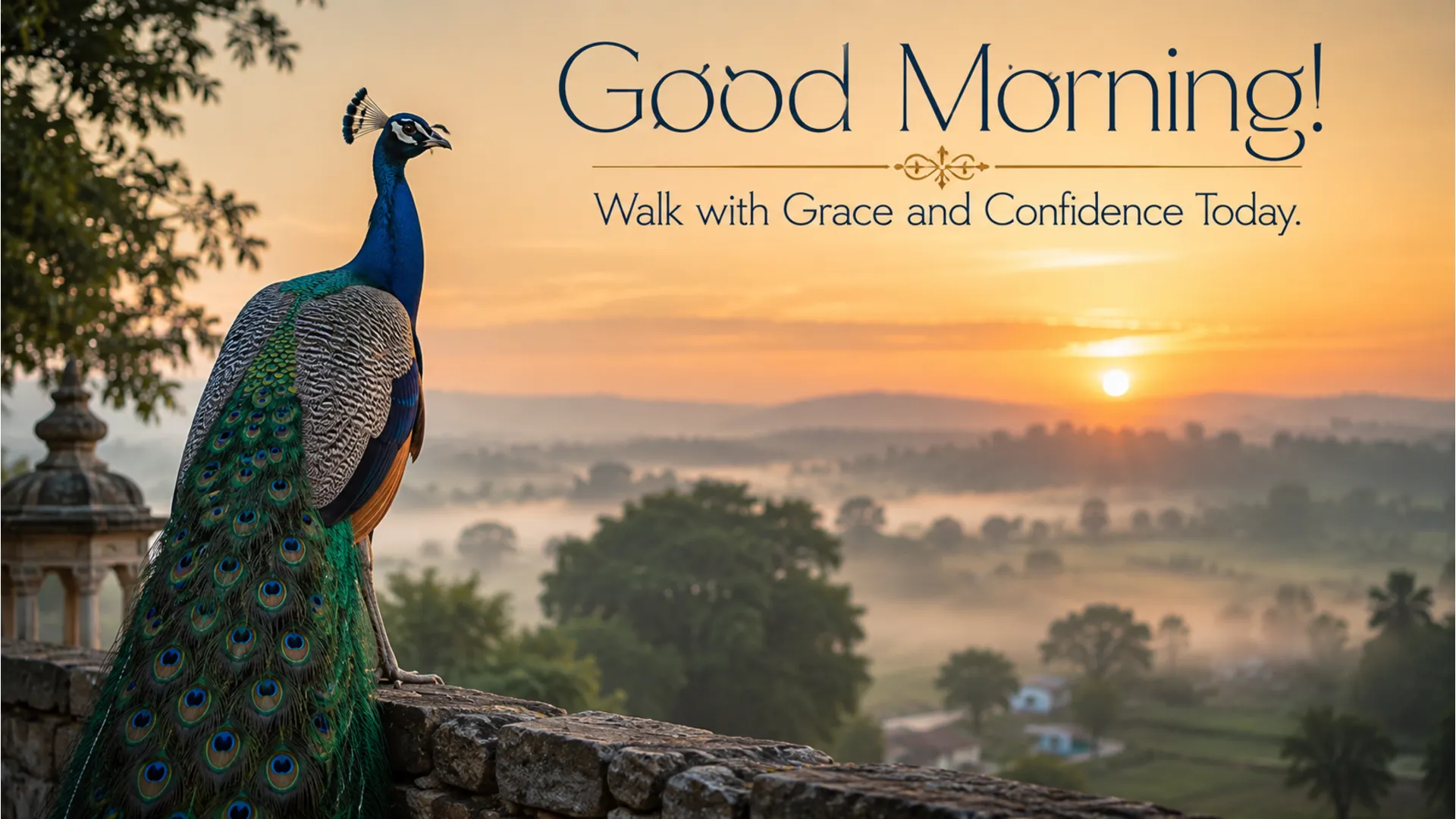 A majestic peacock standing gracefully in a field during the early morning hours.