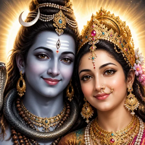 Detailed royal portrait of Goddess Parvati and Shiva with divine crowns.