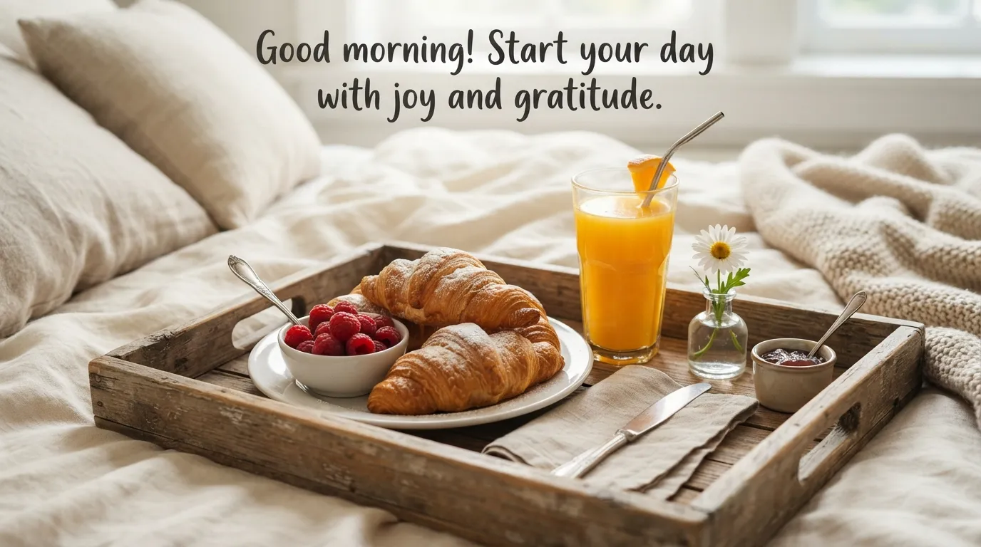 A wooden tray with croissants, orange juice, and a flower on a cozy bed.