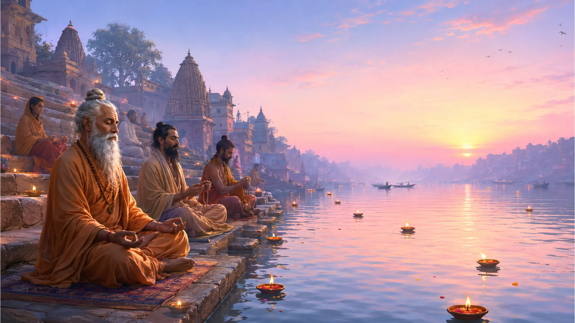 Illustration of saints and devotees meditating on the stone steps of a holy river at dawn