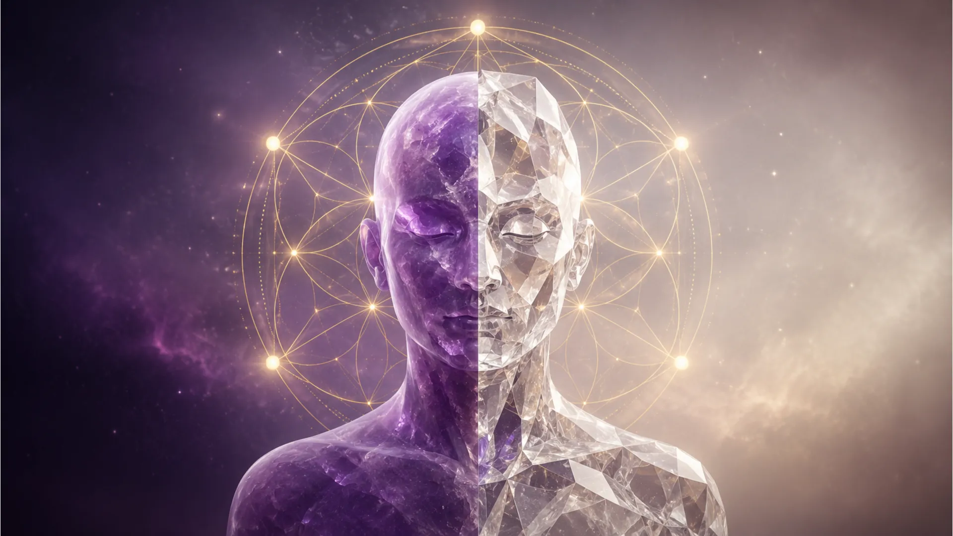 Split crystalline figure surrounded by golden sacred geometry lines