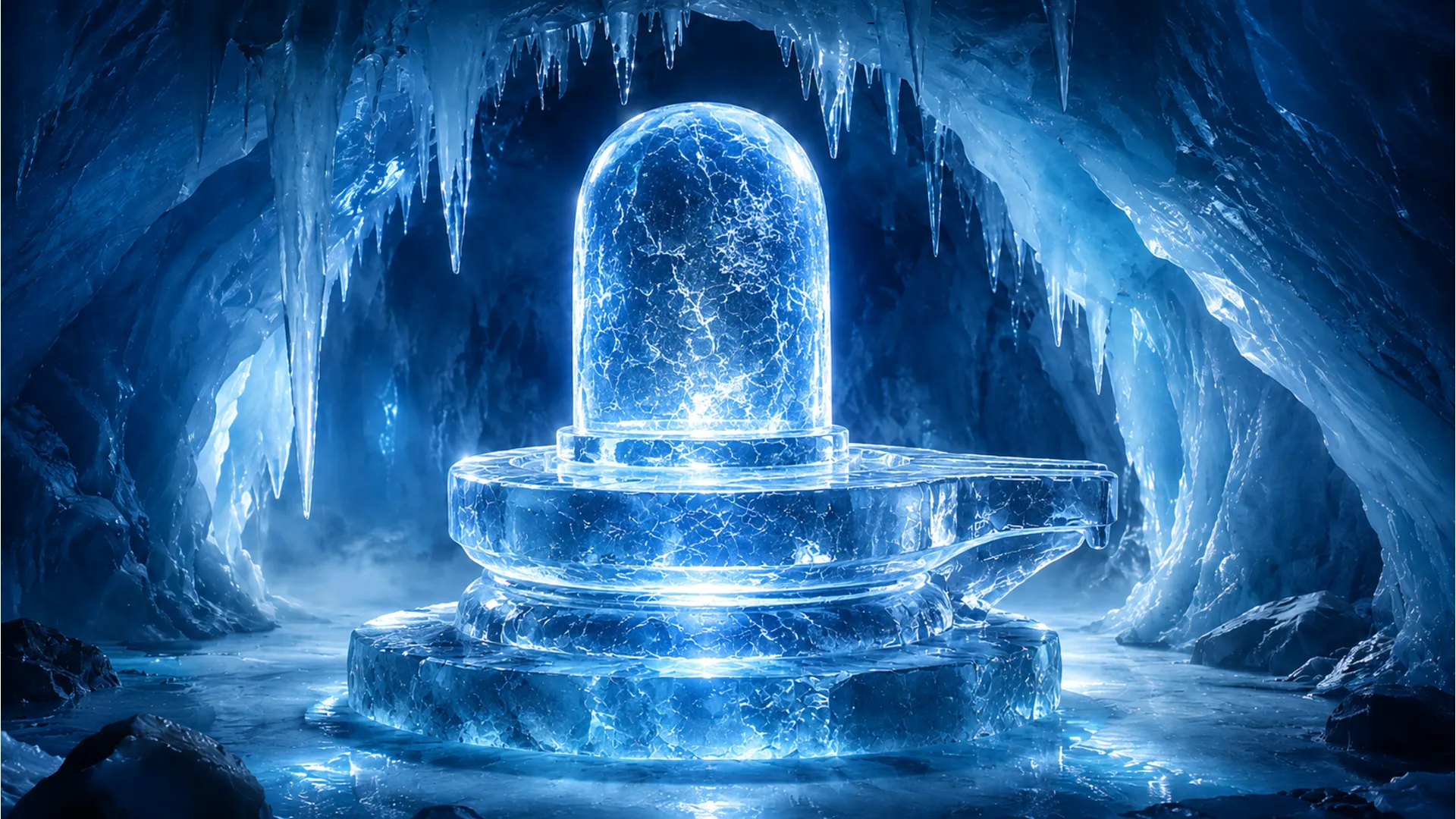 Pure crystalline ice shivling inside a frozen glacier cave with cold blue lighting.