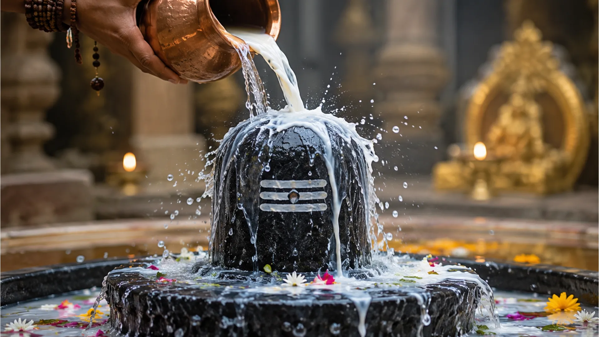 Close-up photo of holy milk and water being poured over a dark stone Shivling.