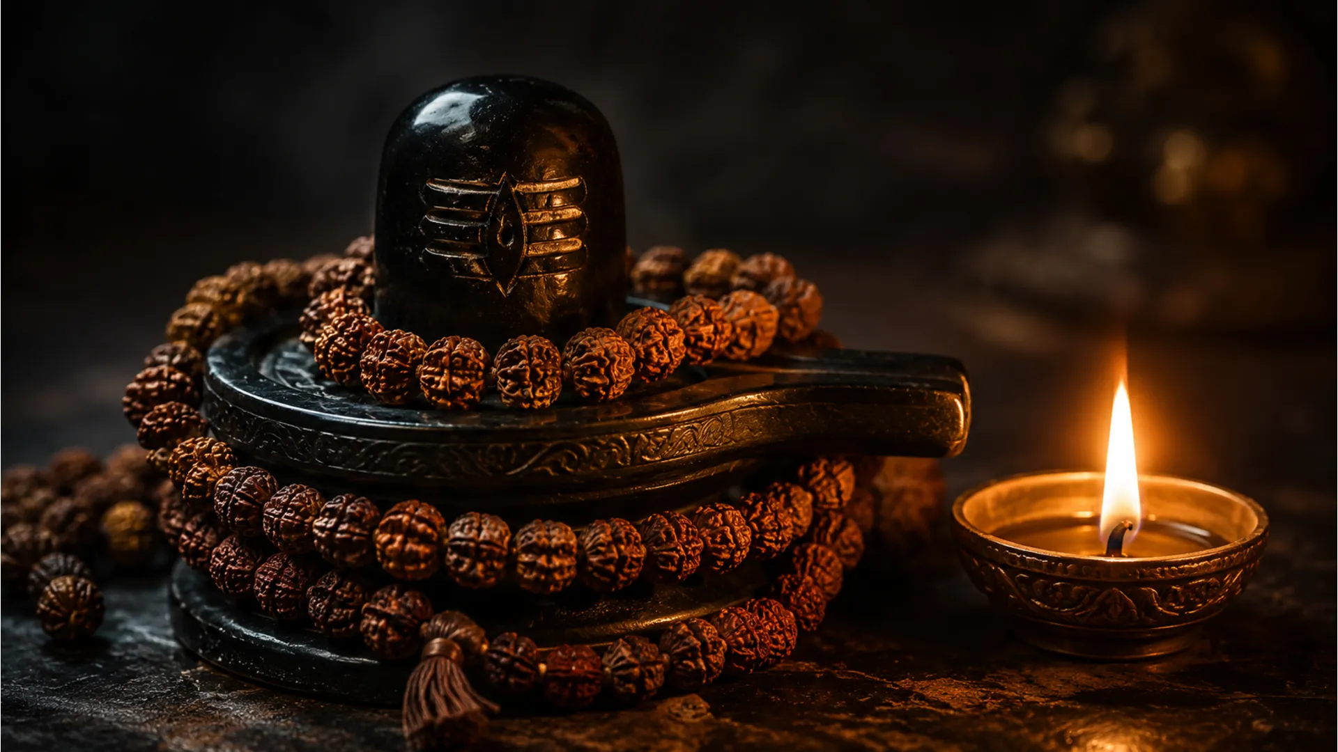 Full HD wallpaper of a holy Shivling surrounded by authentic Rudraksha beads.