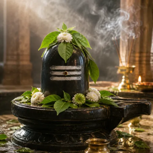 Beautifully decorated Shivling with Bilva leaves and milk DP