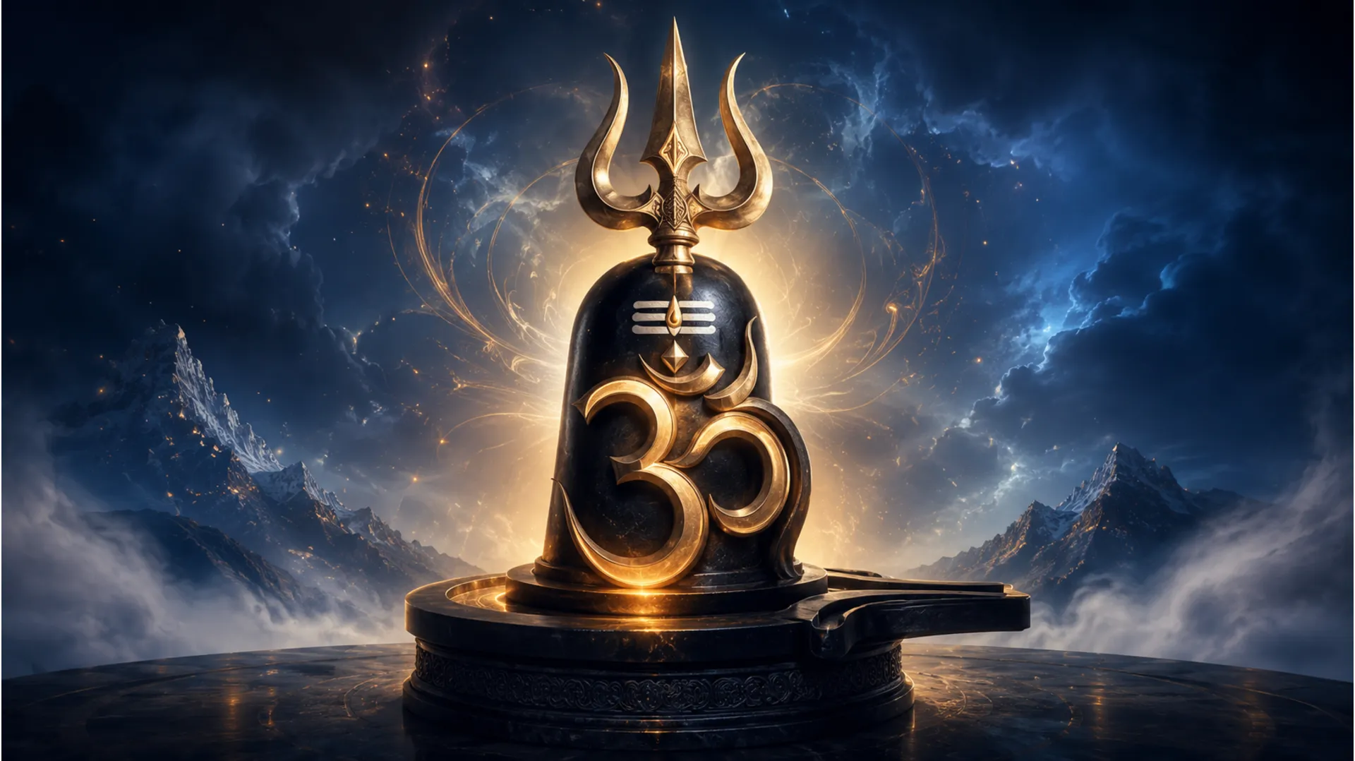 Full-HD symbolic photograph depicting a stylized Shivling formed by the integration of Om, the sacred Trishul (Trident), and other cosmic elements, representing the ultimate reality of Shiva.