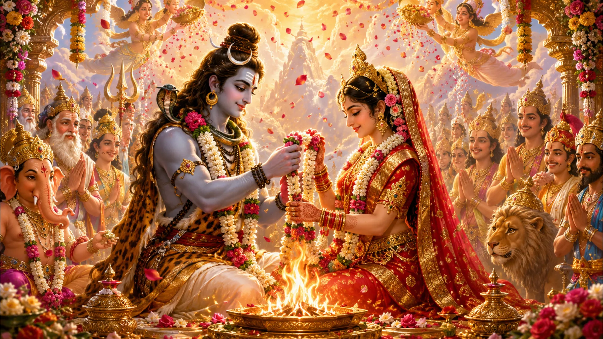 The holy marriage ceremony of Shiva and Parvati with gods showering flowers.
