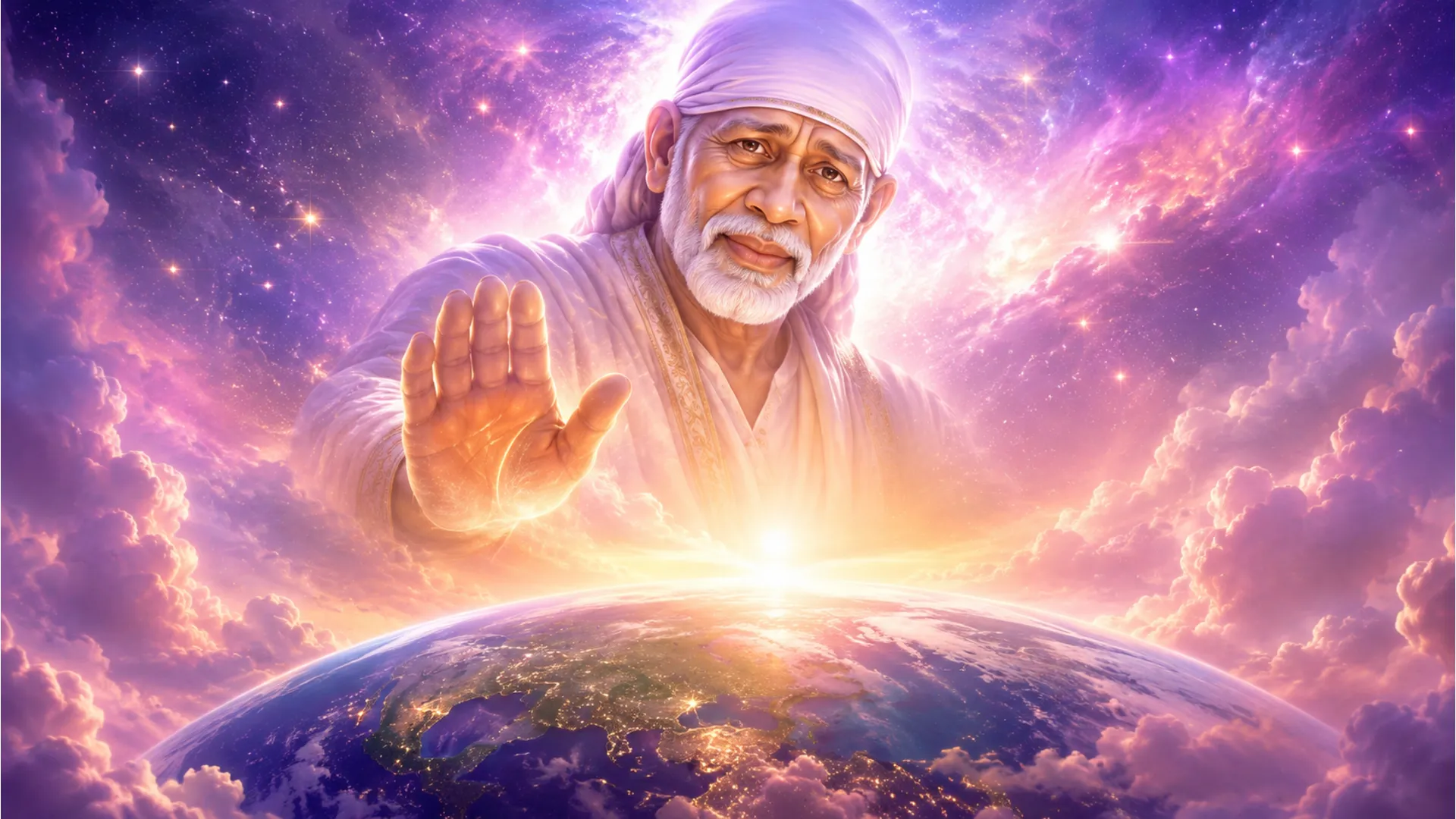 Shirdi Sai Baba blessing the universe with a beautiful cosmic and morning nebula background.