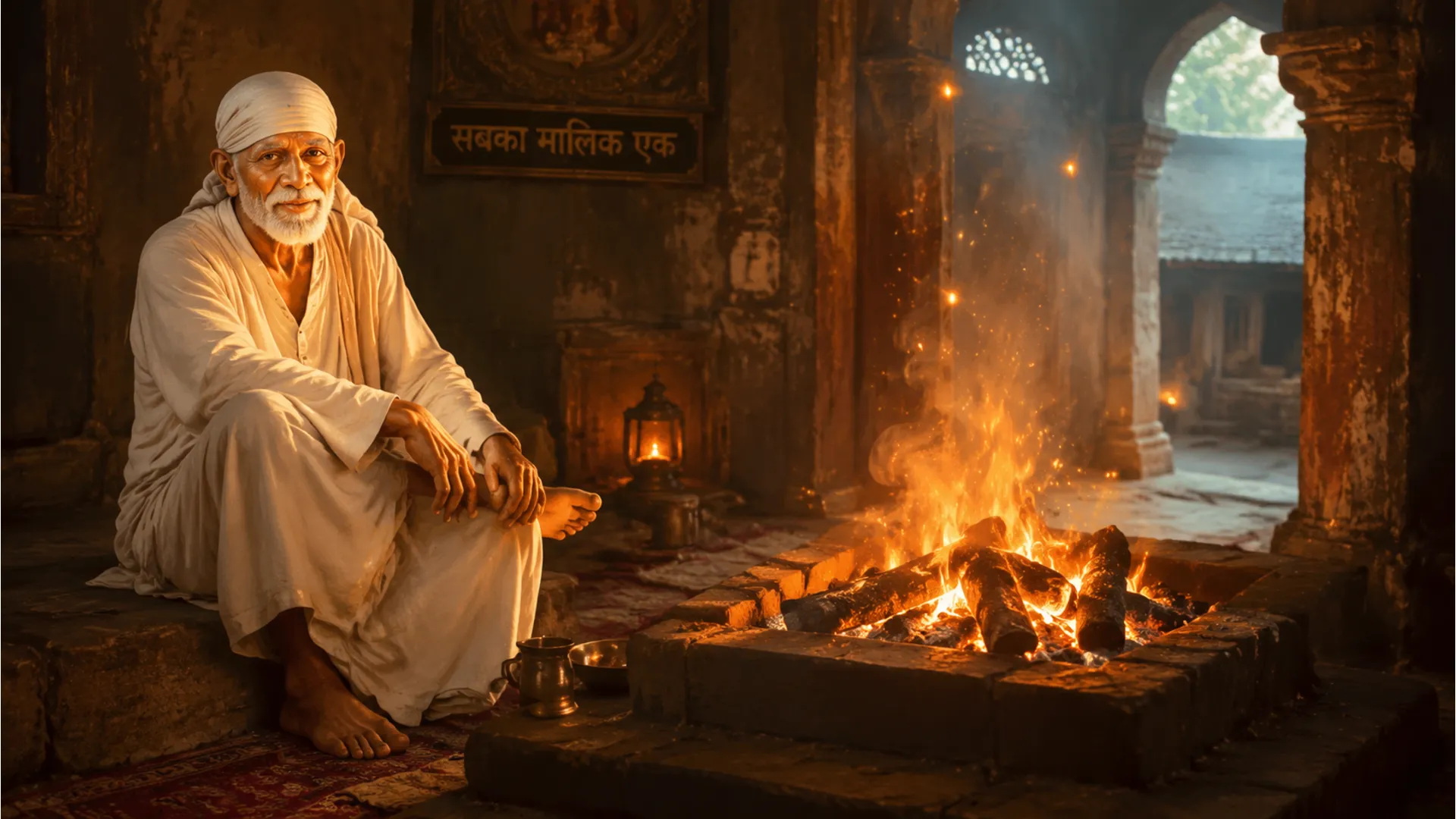 Shirdi Sai Baba sitting near the sacred Dhuni fire in Dwarkamai during early morning hours.