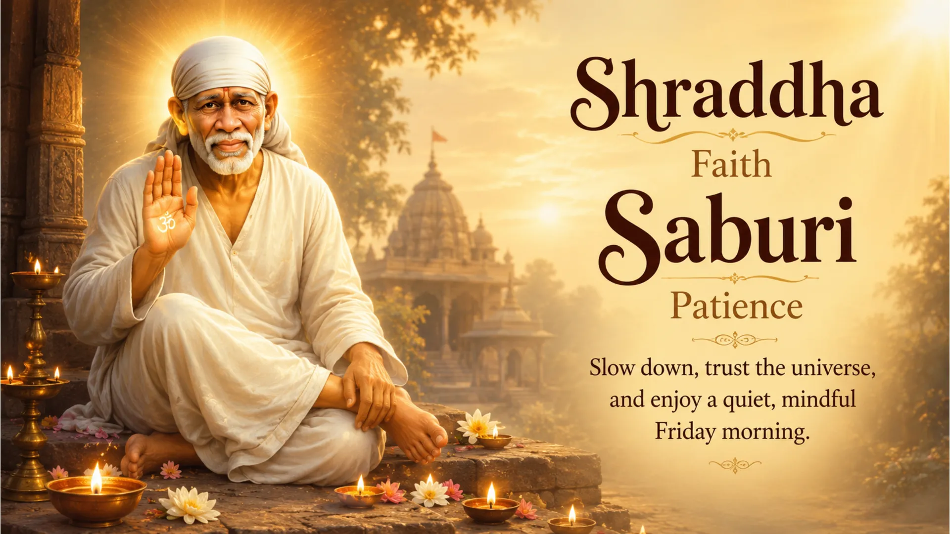Shirdi Sai Baba blessing posture with warm candle light Friday wishes