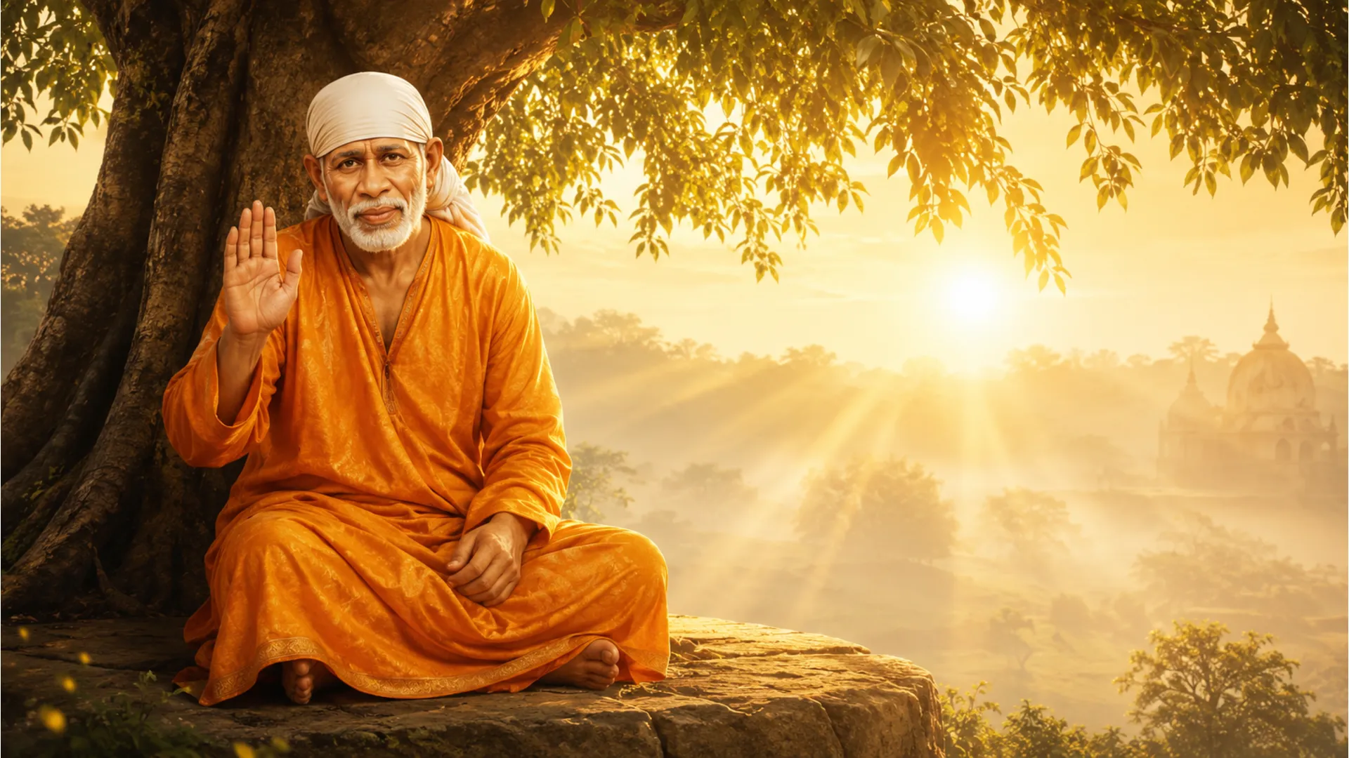 Shirdi Sai Baba blessing posture with a beautiful golden sunrise background morning wallpaper.