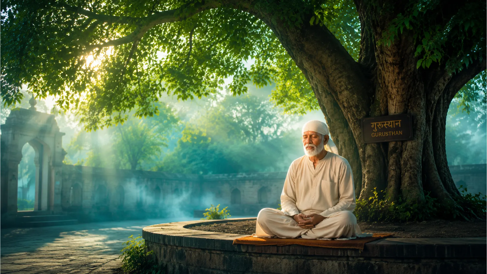 Shirdi Sai Baba in deep meditation under the sacred Gurusthan Neem tree during sunrise.