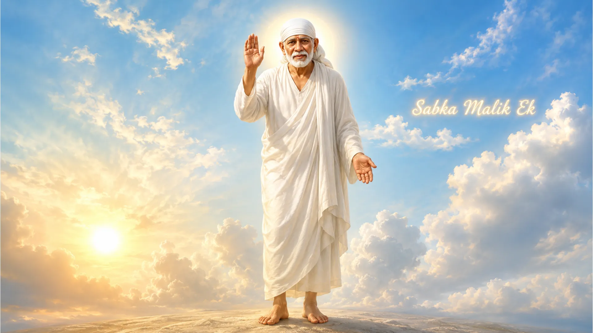 Shirdi Sai Baba standing with his hand raised with a soft clouds and sky morning background.