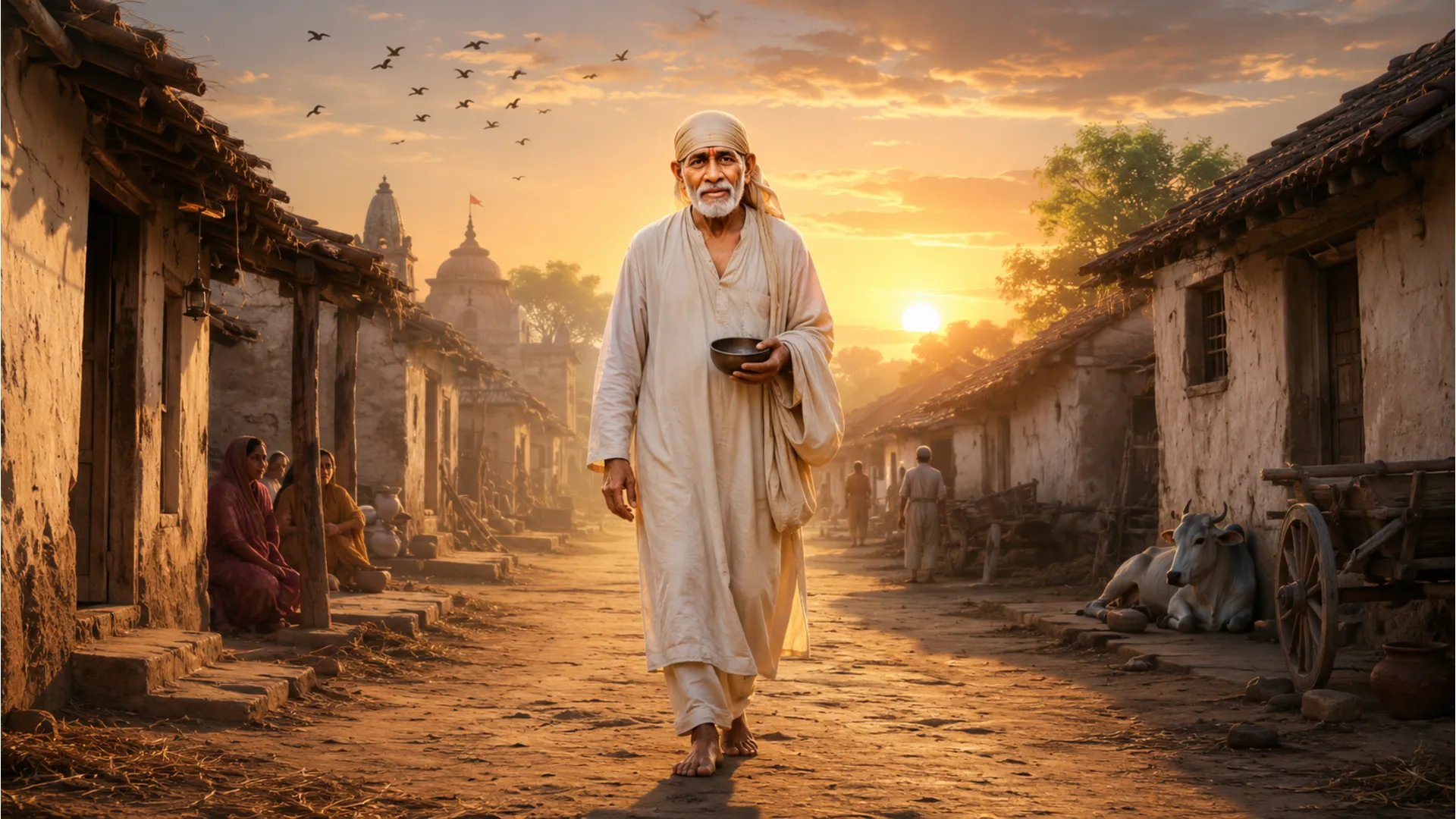 Shirdi Sai Baba walking through an old village street during a peaceful morning.
