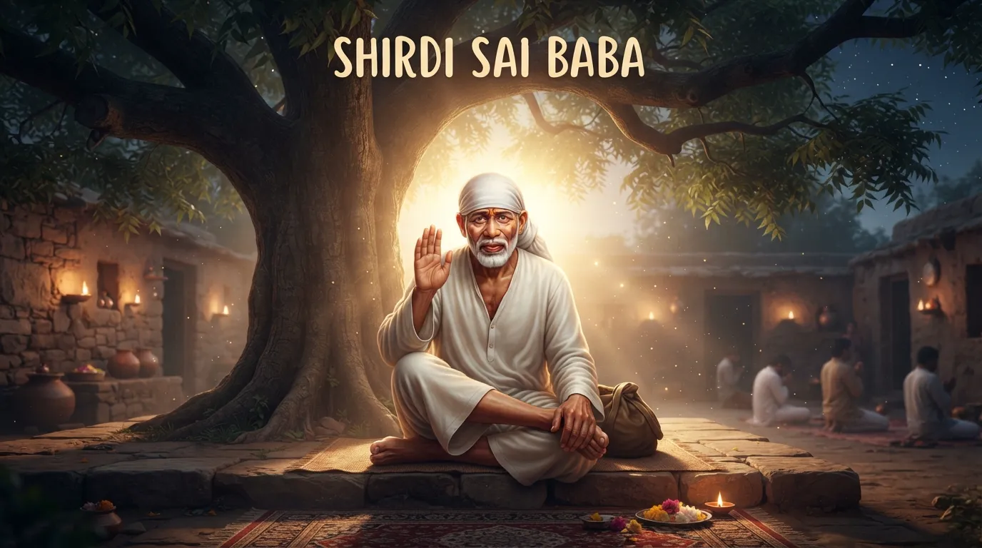 Shirdi Sai Baba giving blessings with a bright, peaceful light background.