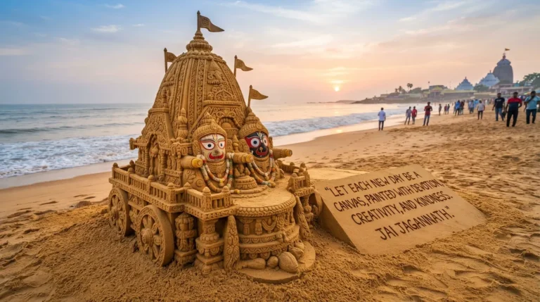 Beautiful sand art of Lord Jagannath chariot on Puri beach.