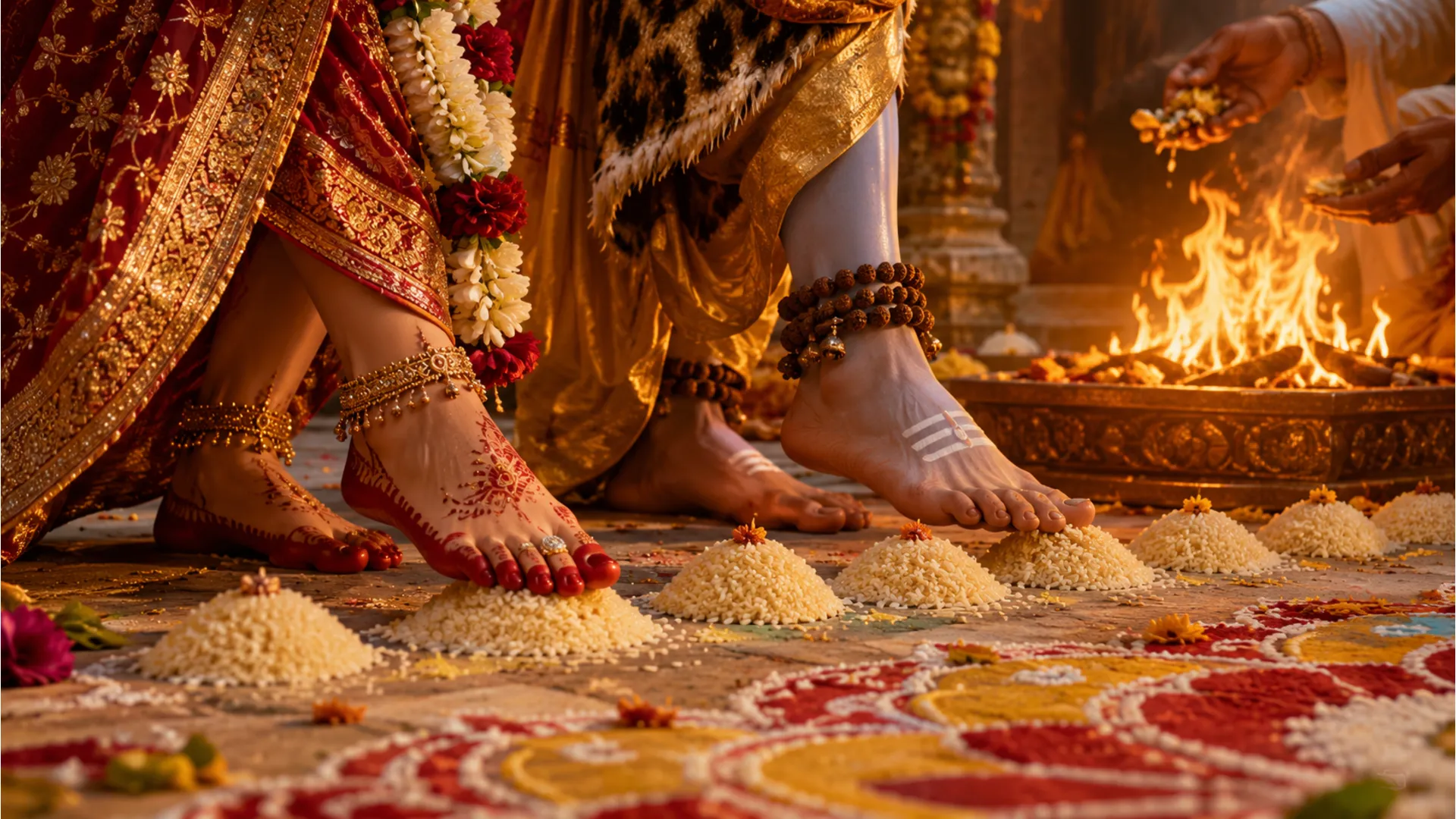 Close-up of Shiv and Parvati taking the seven sacred steps (Saptapadi) around the fire. HD image.