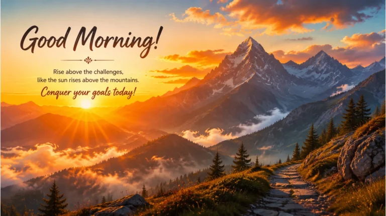Beautiful good morning scenery showing a majestic mountain sunrise with golden light and mist.