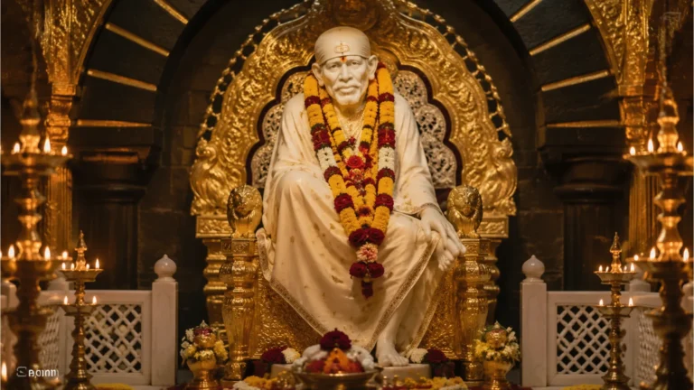 Beautiful marble statue of Shirdi Sai Baba adorned with fresh morning flower garlands.