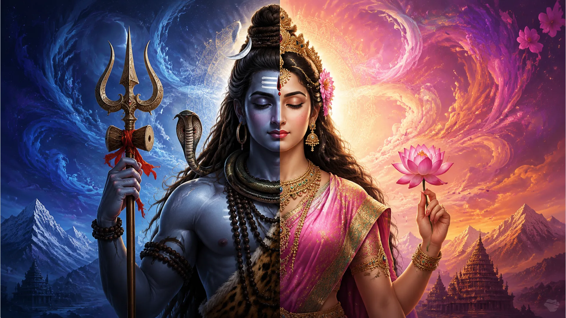 A high-definition digital painting of Ardhanarishvara, the half-man, half-woman form representing the indivisible union of Lord Shiva and Goddess Parvati.
