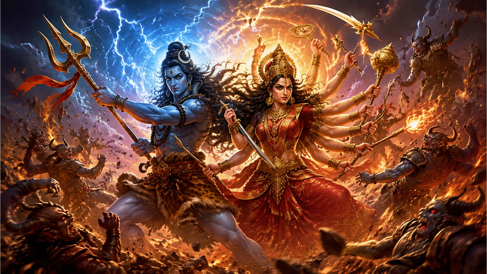 A dynamic, high-action HD digital art scene of Lord Shiva and Goddess Parvati (as Durga/Kali) fighting a demon horde, with weapons raised and powerful energy radiating.