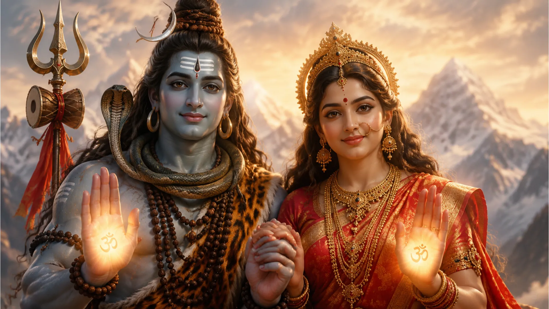 A close-up HD photo-realistic image of Lord Shiva and Goddess Parvati holding hands and raising their other hands in the Abhaya mudra (gesture of fearlessness) and Varada mudra (gesture of boon-giving).