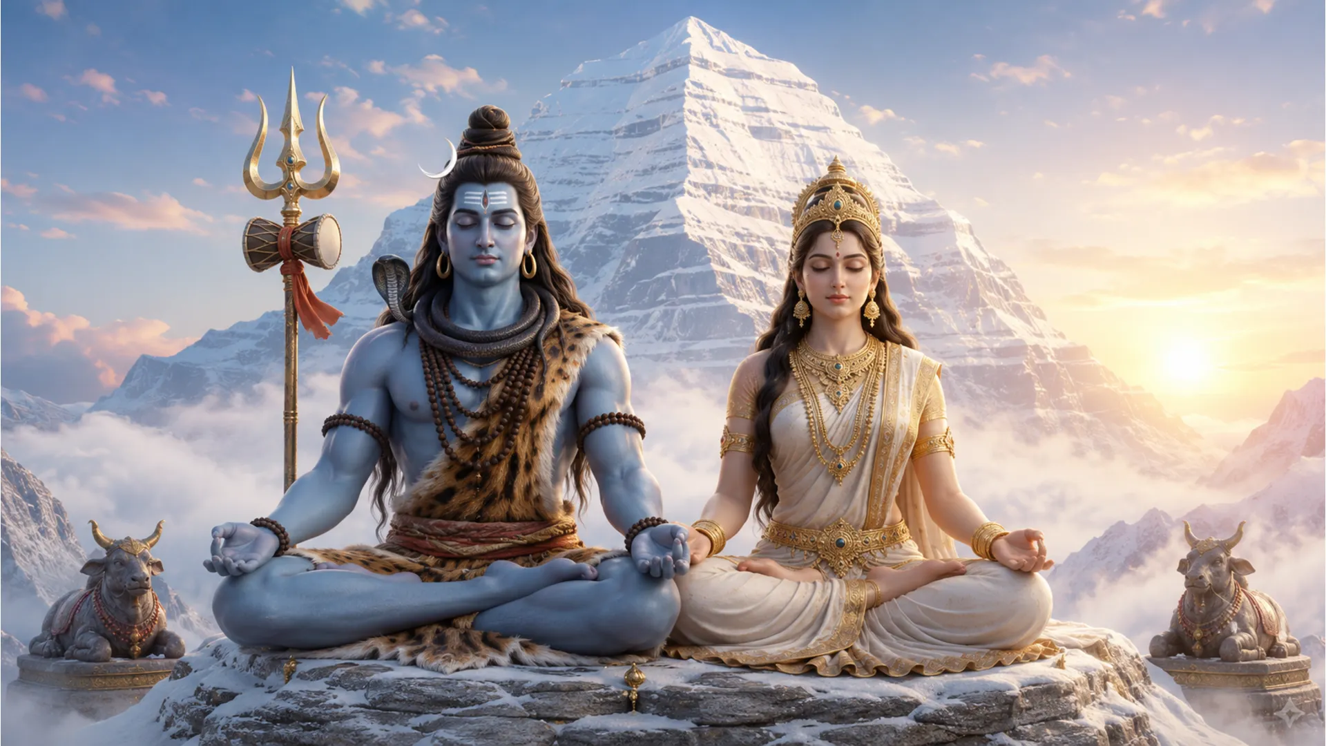 Shiv Parvati 3D image showing them in meditation on Mount Kailash.