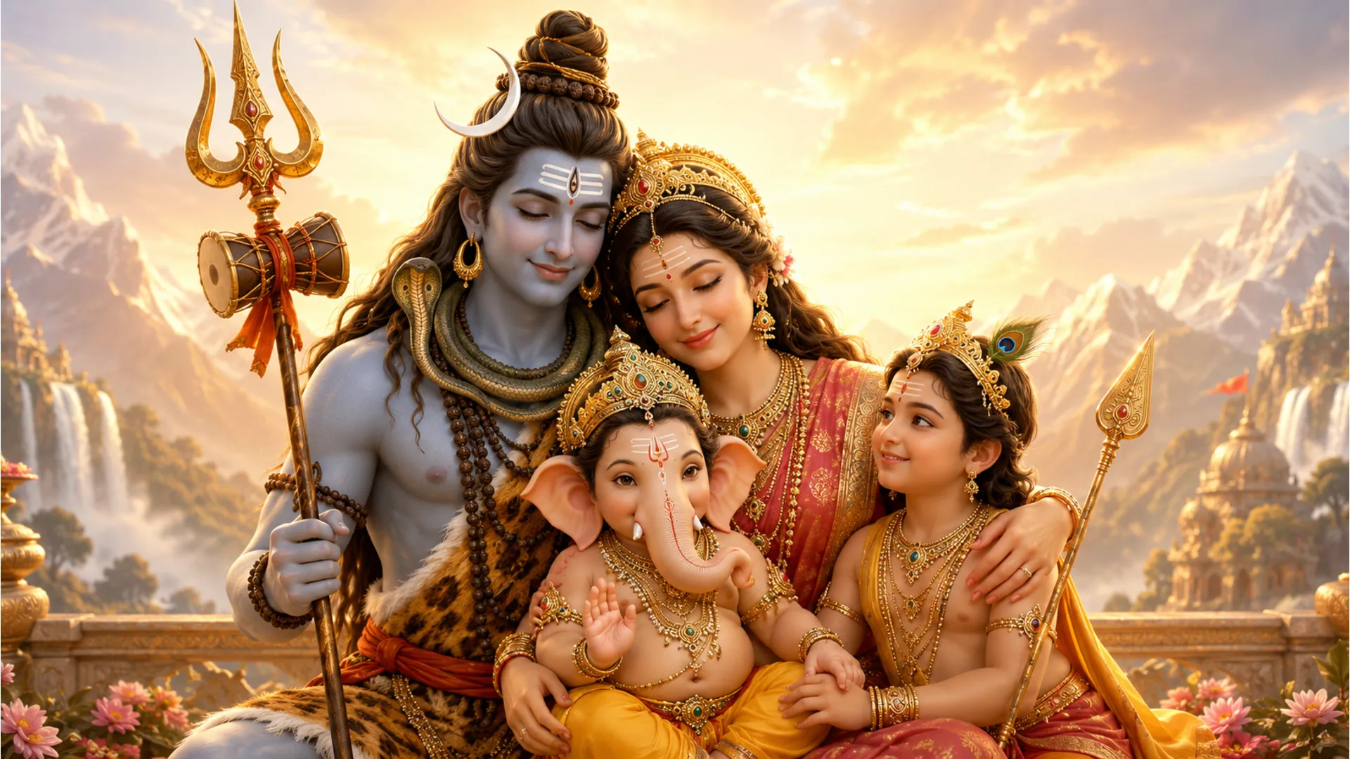 Shiv Parvati 3D image showing them with their children Ganesh and Kartikeya.