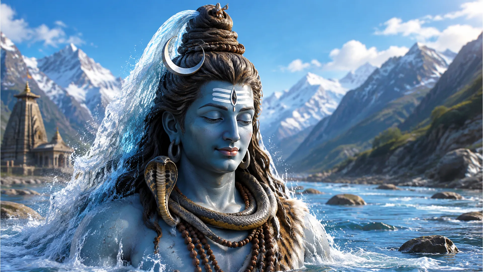 Shiv Parvati 3D image showing Shiv with Ganga flowing from his hair.