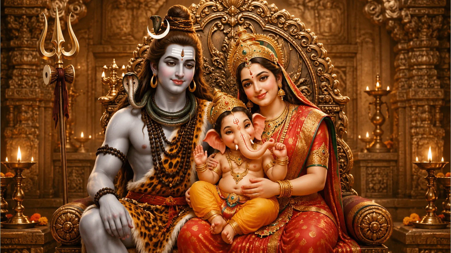 Shiv Parvati holding infant Ganesha in a traditional royal courtyard