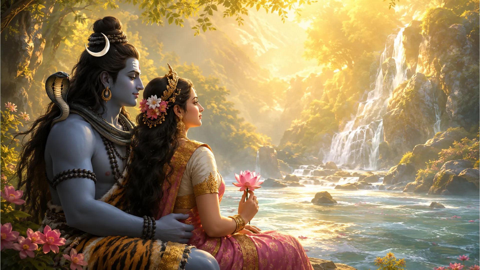 Divine couple Shiv Parvati sitting near Ganga waterfall in divine love