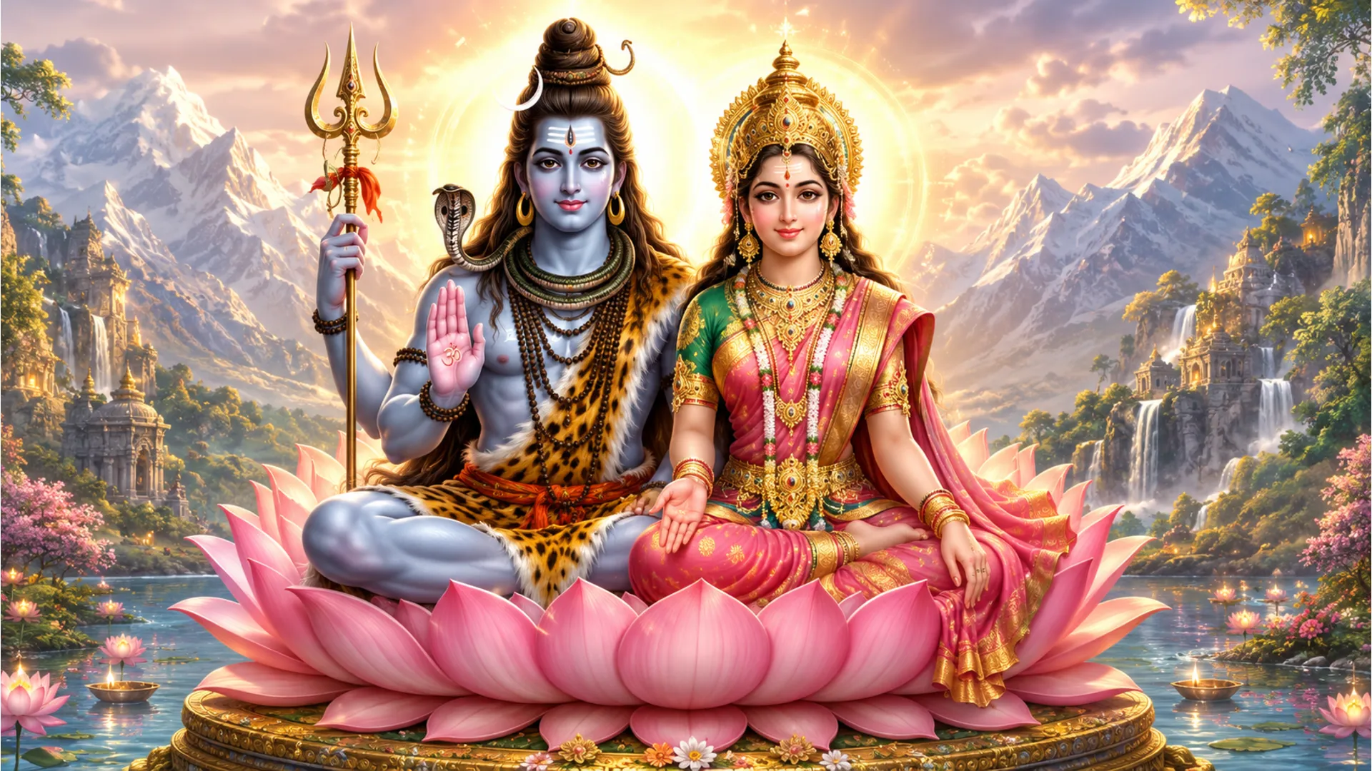 Shiva and Parvati seated in Abhaya mudra on a lotus throne, bestowing blessings
