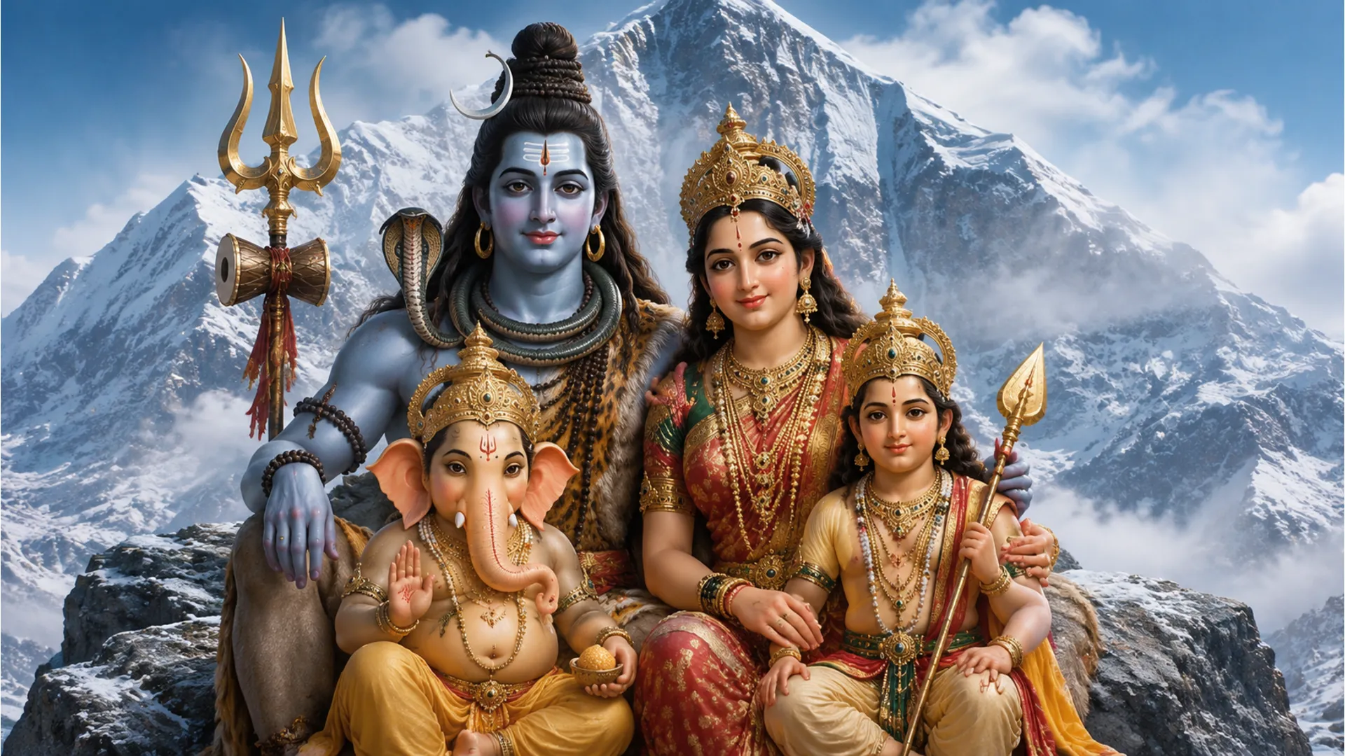 Complete Shiv Parivar (Shiva, Parvati, Ganesha, Kartikeya) on Mount Kailash portrait.