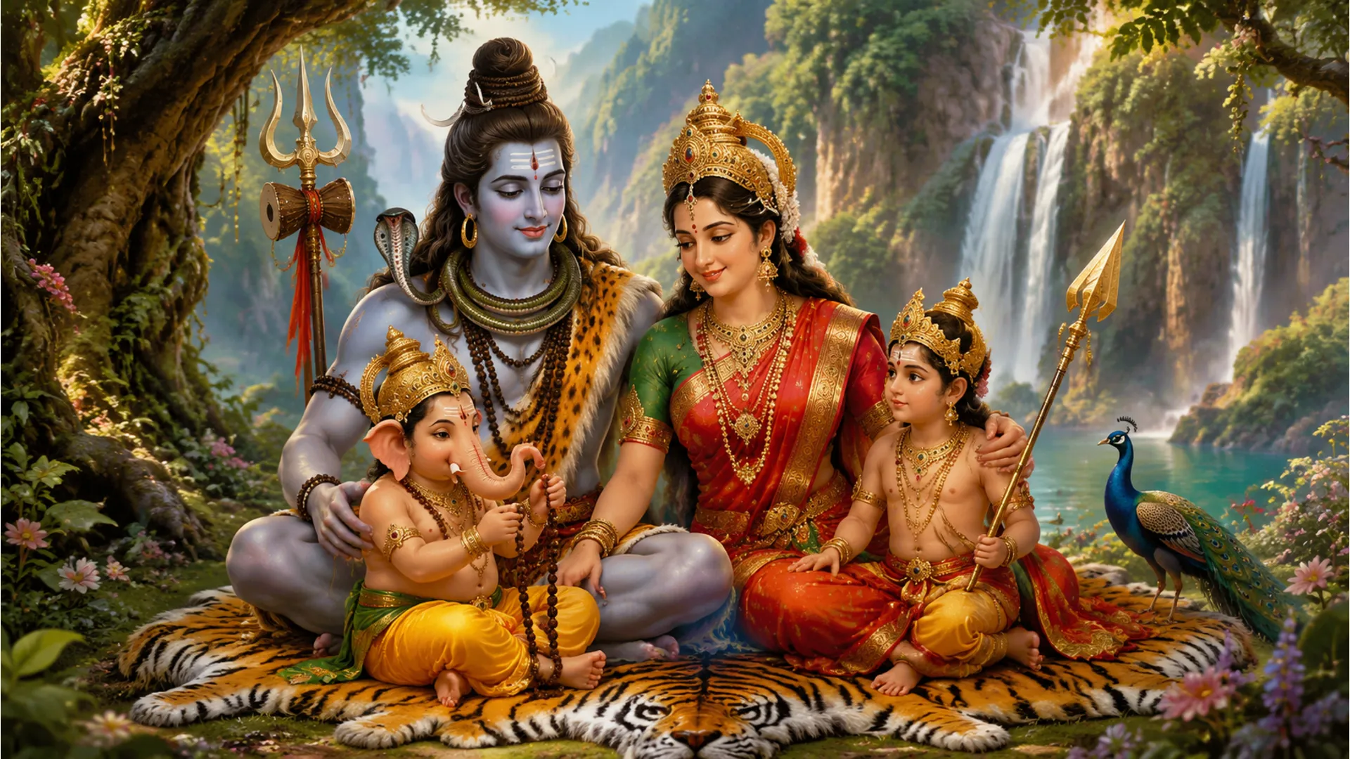 An HD image of Lord Shiva and Goddess Parvati sitting happily on a tiger skin with their sons, Ganesha and Kartikeya, in a lush forest setting.