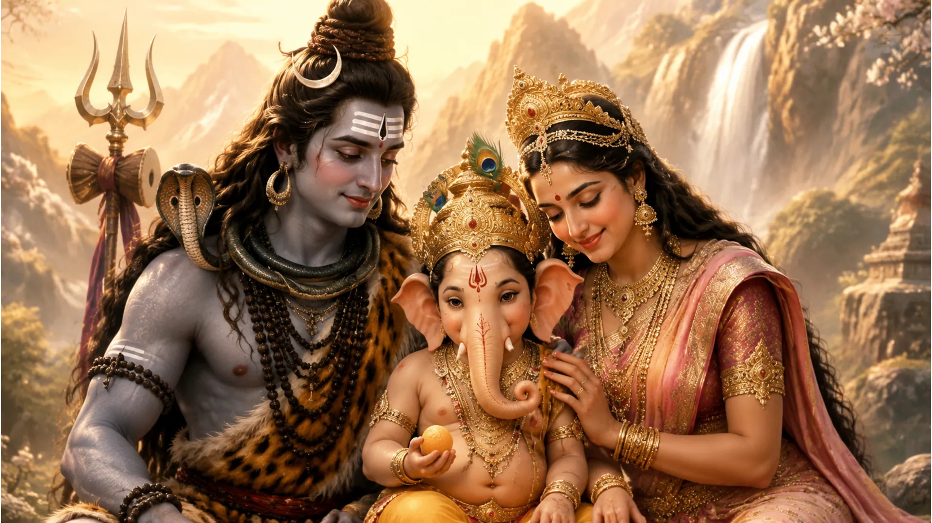 A heartwarming still featuring Mahadev, Parvati, and their son Ganesha together as a family.