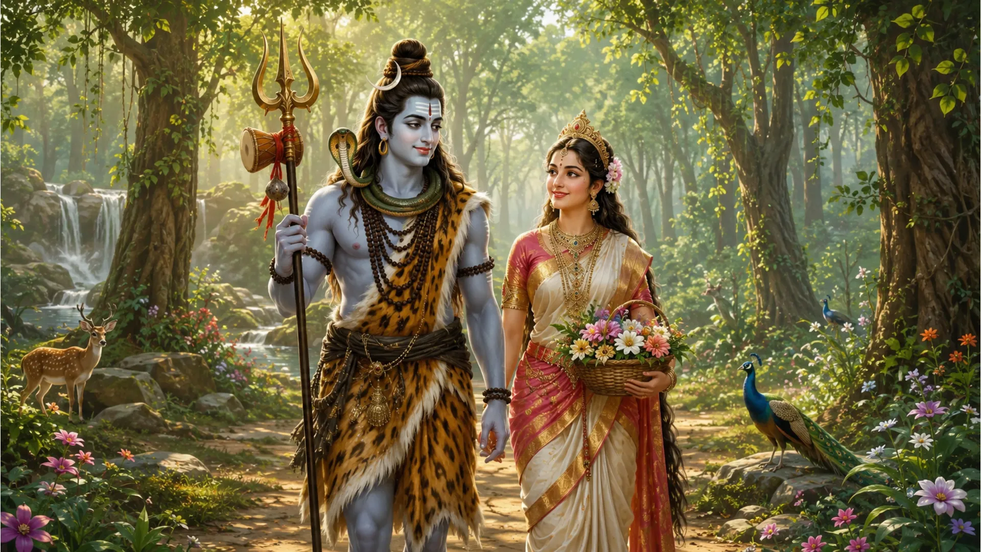 A beautiful image of Shiv Parvati walking through a lush green forest, symbolizing their connection to nature and their roles as the protectors of all beings.