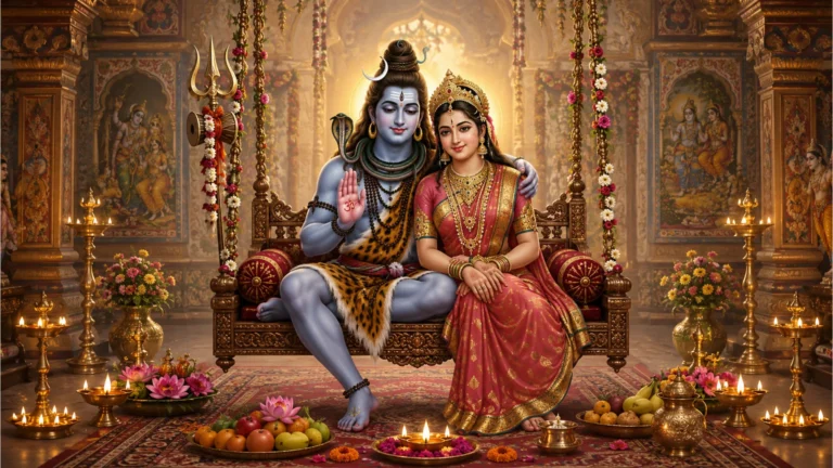 A beautiful image of Shiv Parvati seated in a traditionally decorated temple, surrounded by offerings and diyas, symbolizing their divine presence and the devotion of their followers.