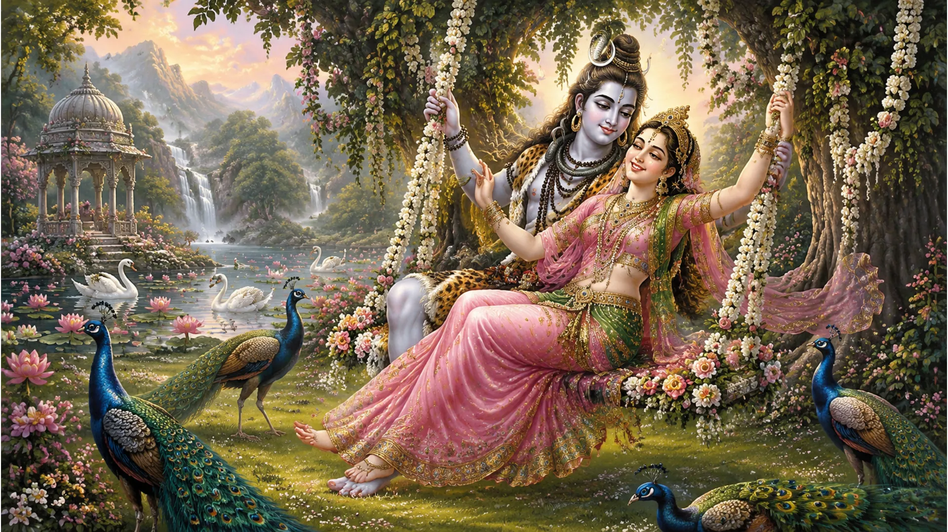 Beautiful painting of Lord Shiva and Parvati enjoying a decorated swing in a lush heavenly garden.