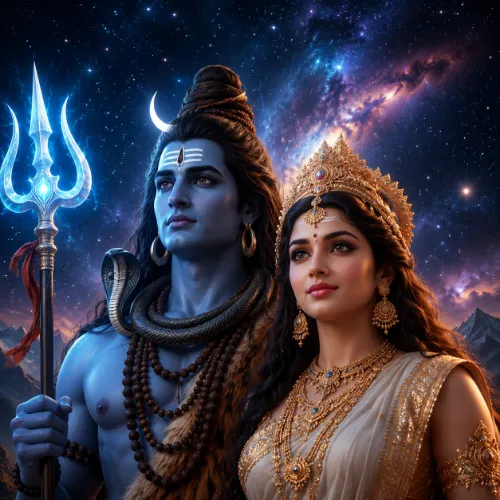 Majestic portrait of Shiv Parvati with a cosmic starry sky background.