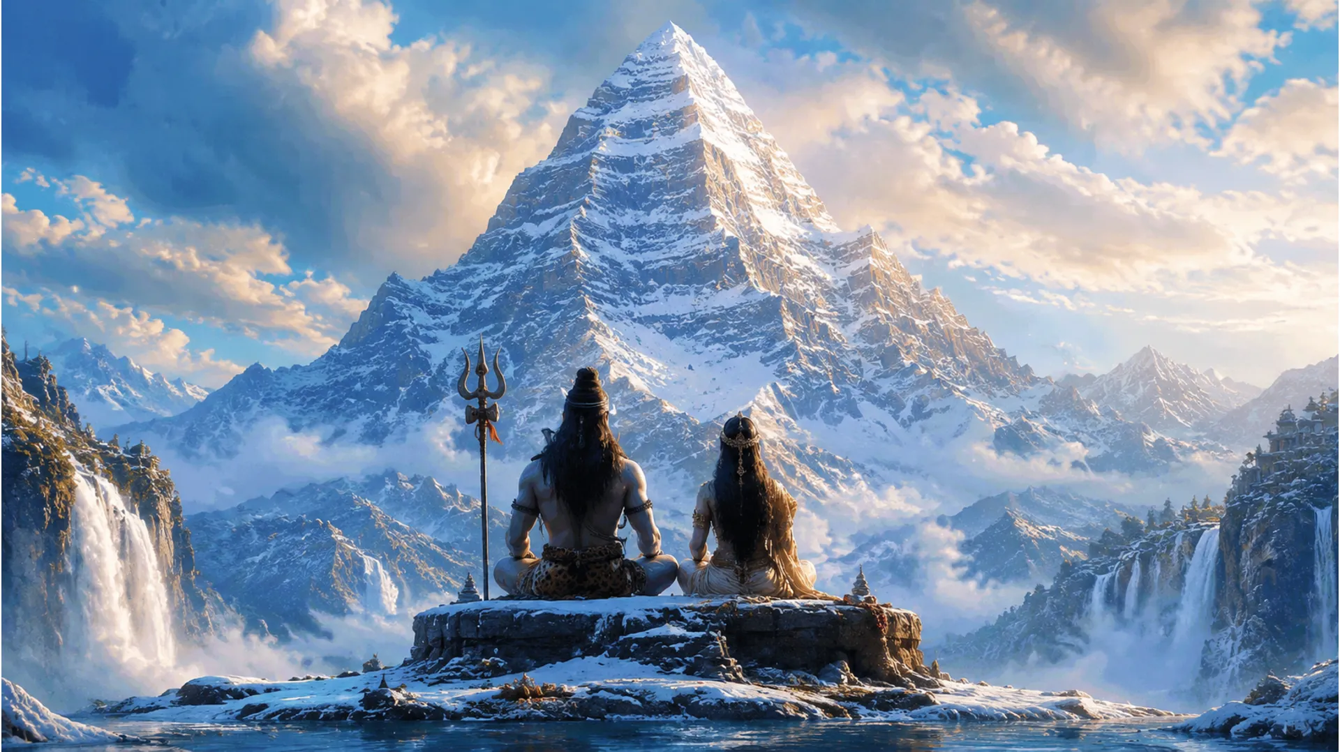 A majestic cinematic shot of Mahadev and Parvati on the snow-capped peaks of Mount Kailash.