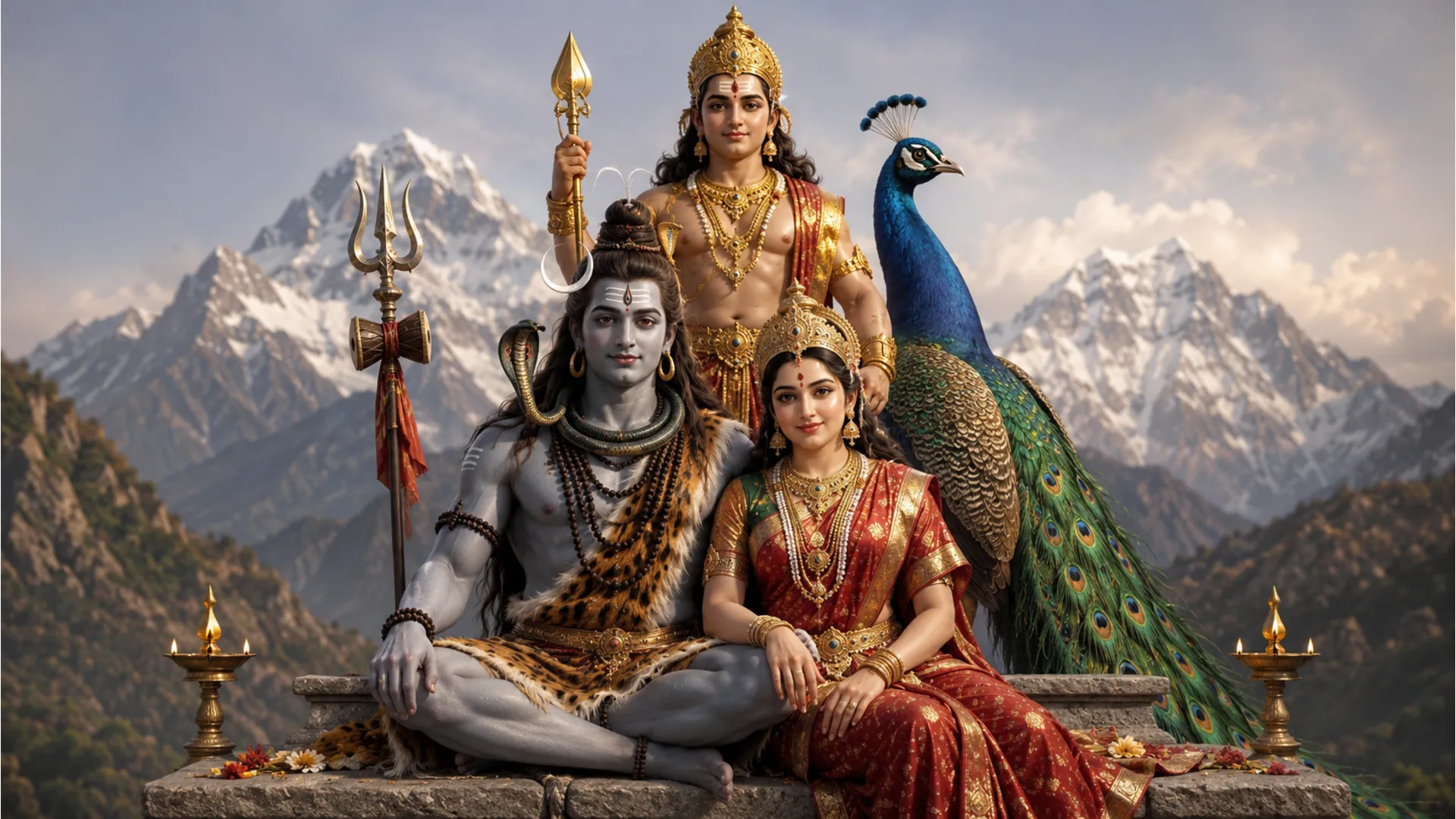 Seated portrait of Lord Shiva, Goddess Parvati, and their son Lord Kartikeya