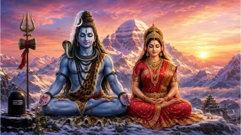 Lord Shiva and Goddess Parvati meditating together on a snowy peak of Mount Kailash in deep spiritual union.