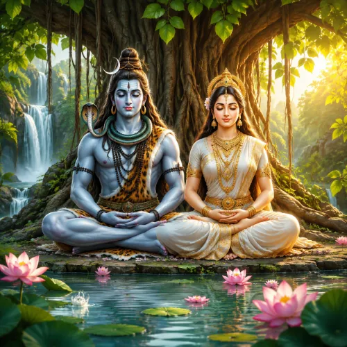 Shiv Parvati meditating together surrounded by green lotus ponds.