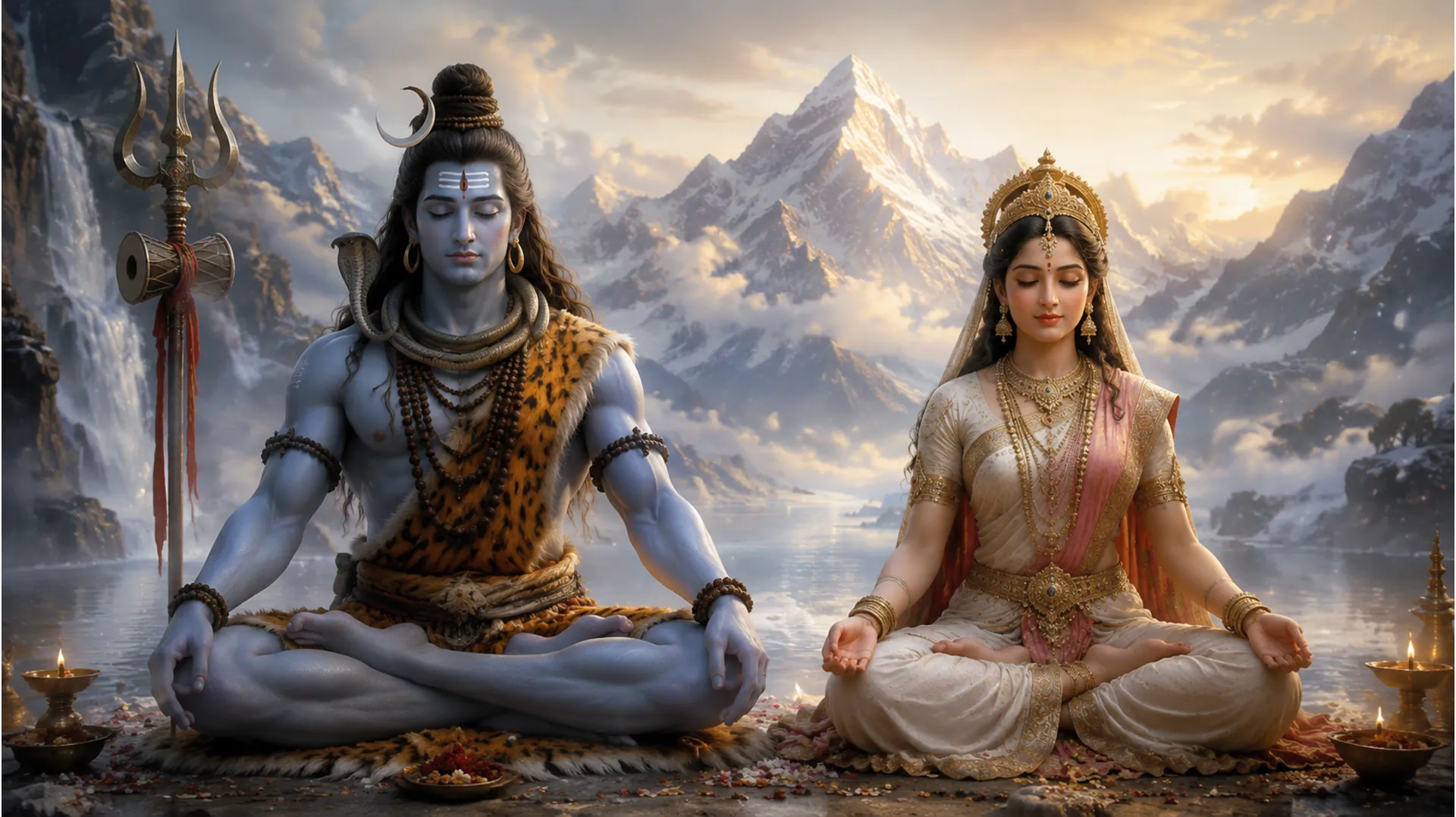 Mahadev and Parvati sitting in peaceful meditation, radiating spiritual tranquility.
