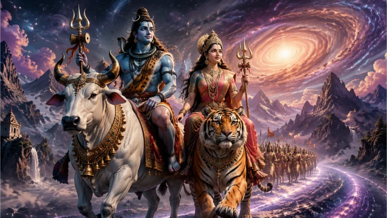 A high-definition digital artwork of Lord Shiva seated on his bull, Nandi, and Goddess Parvati seated on her tiger, as they travel through a celestial landscape.