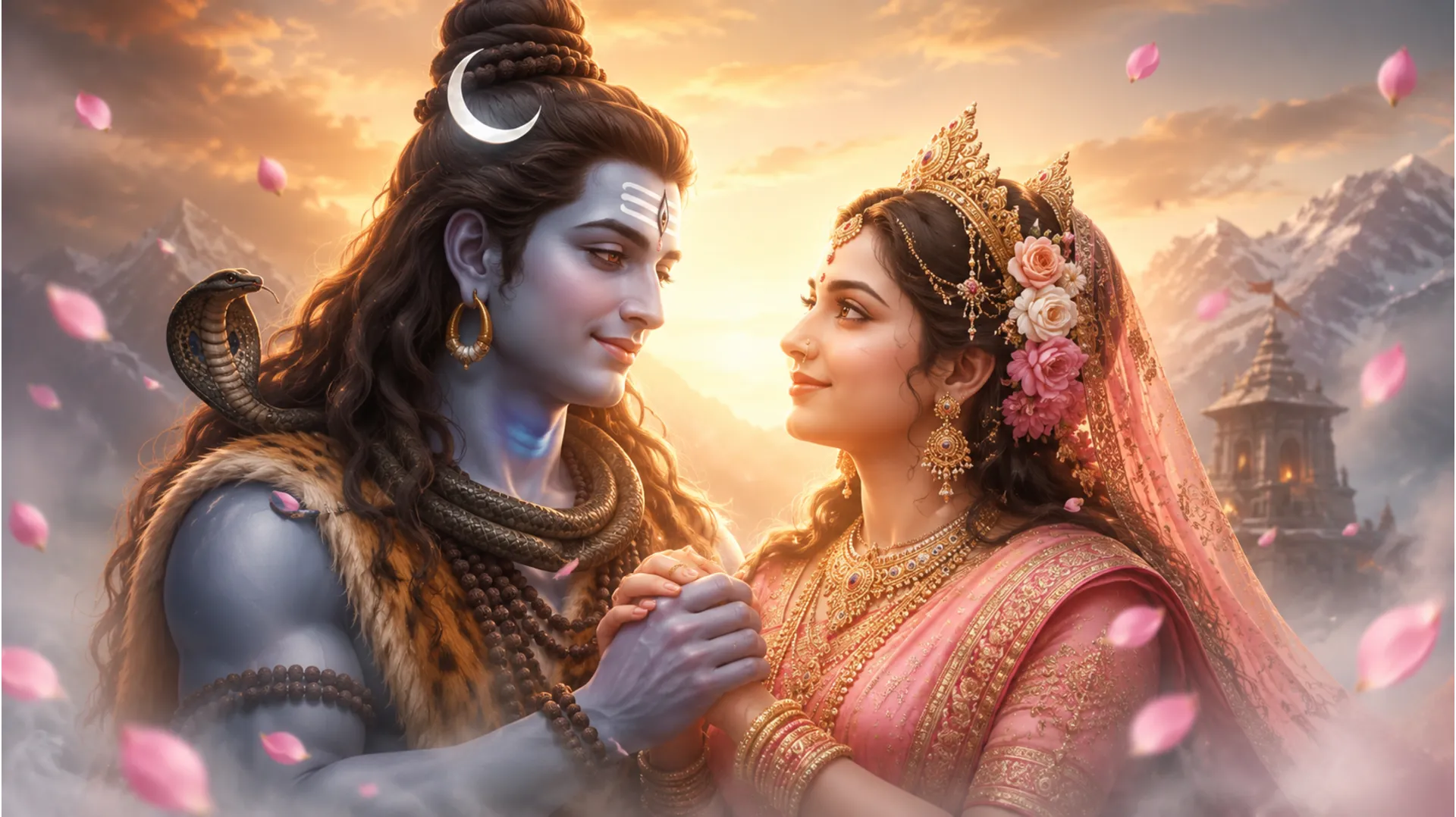 Beautiful digital painting of Shiv Parvati looking lovingly at each other.