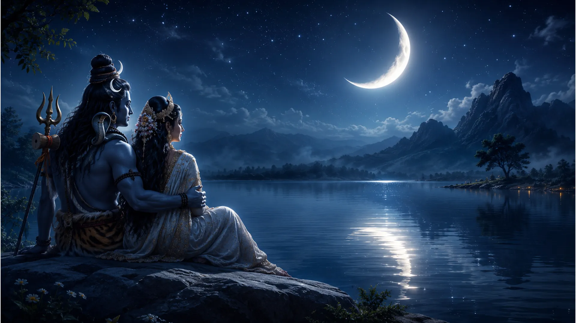 Nighttime landscape of Shiv Parvati with a large crescent moon